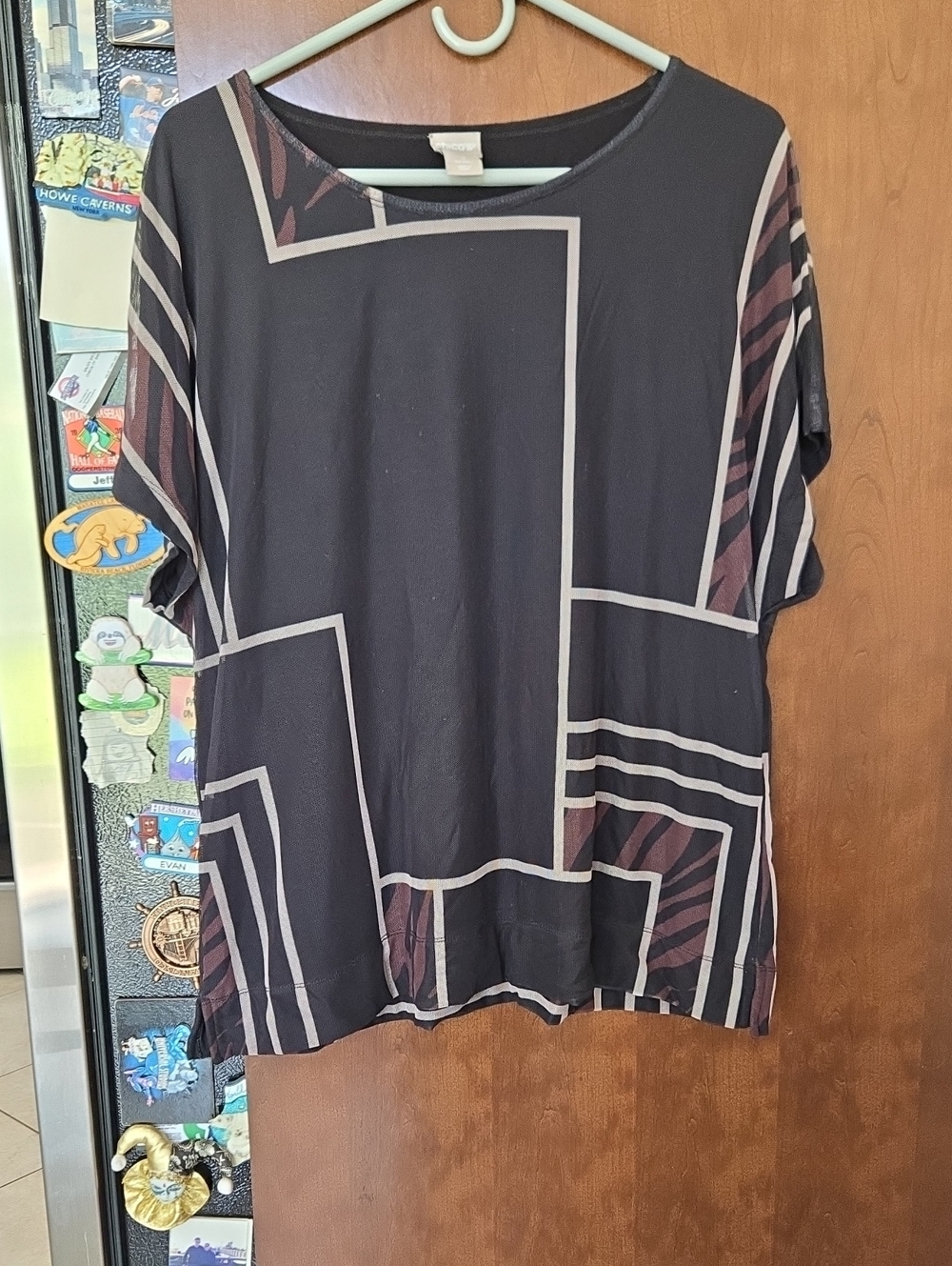 Chico's Black Top with Taupe Trim and Maroon Accents